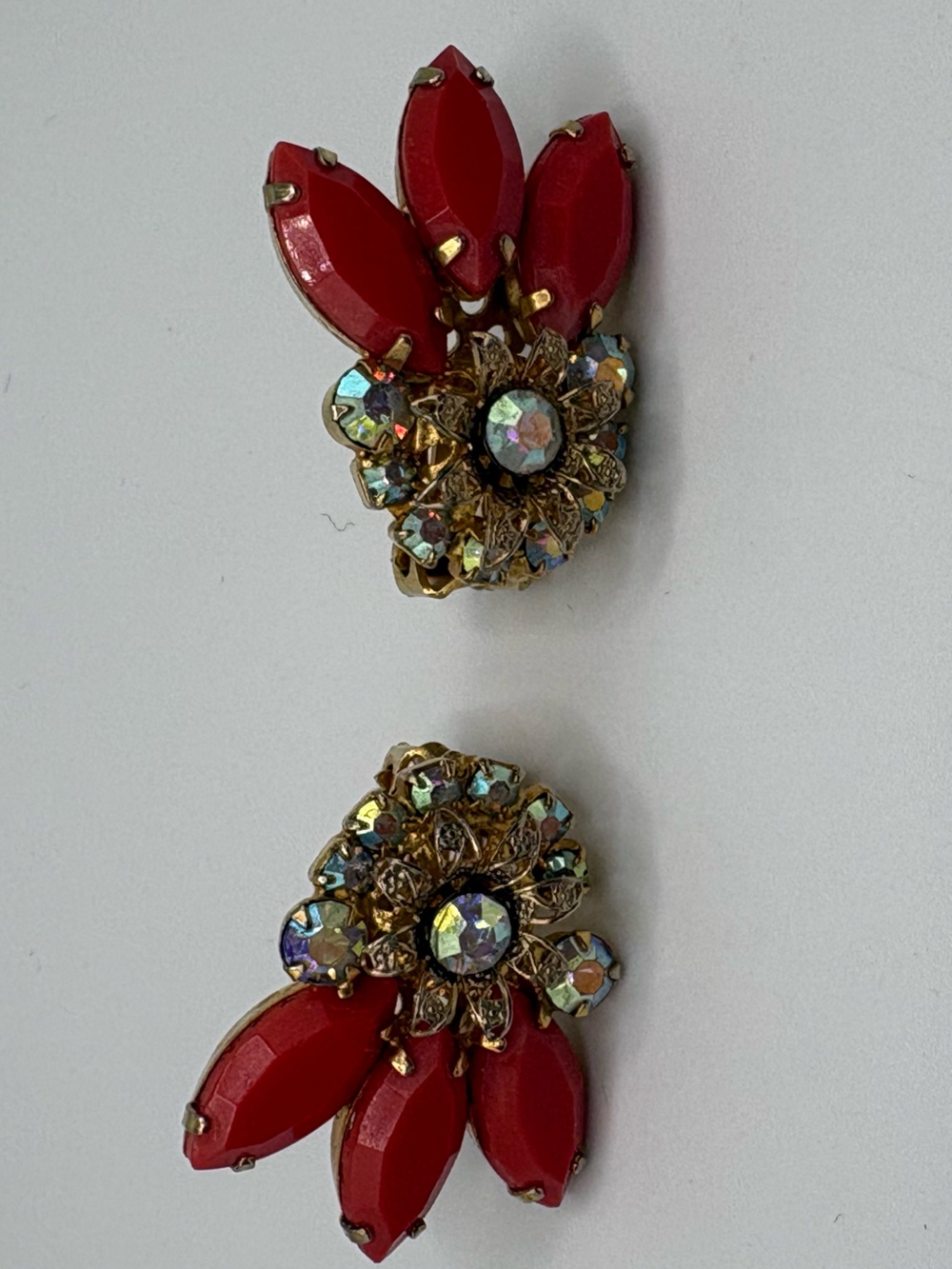 Vintage Juliana D&E DeLizza & Elster Red Navette AB Rhinestone Clip Earrings